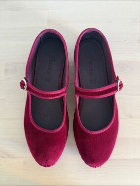 Flabelus Burgundy Velvet Mary Jane Dress Shoes with Buckle